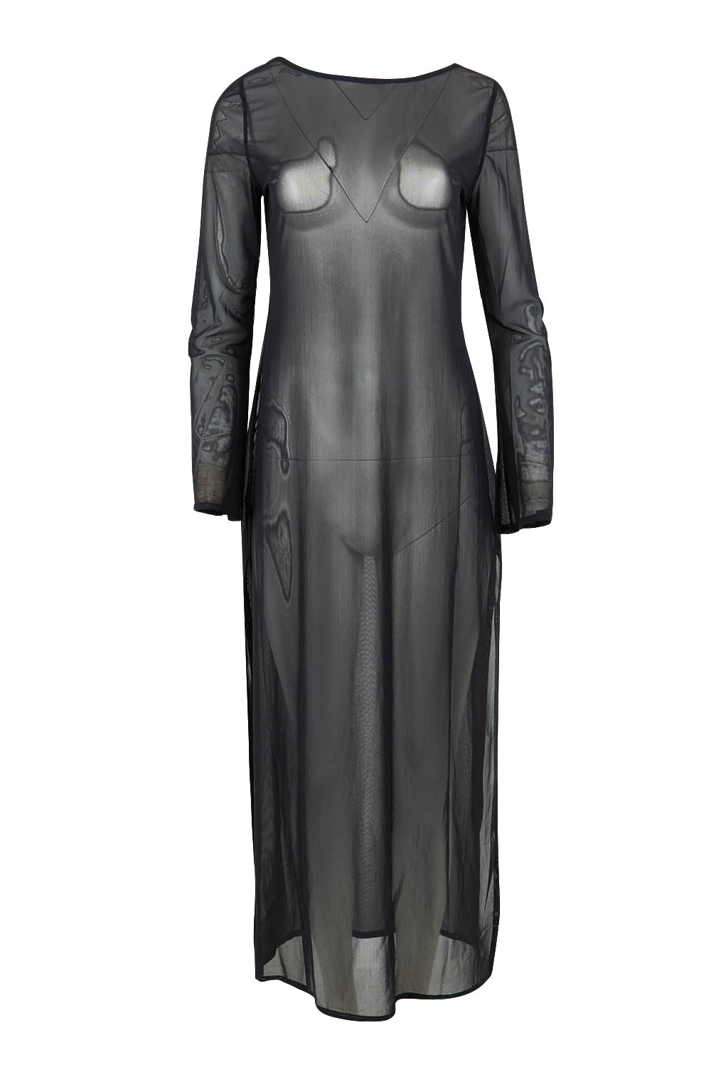 Product shot of the Mesh Reversible Long Dress in colour Black (Black), from the front