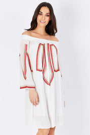 Model Georgia wearing size S of the Biba Ots Dress in colour White (White), from the front, cropped image
