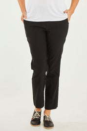 Model Georgia wearing size 10 of the Ankle Pull On Pants With Pockets in colour Black (Black), from the front, cropped image