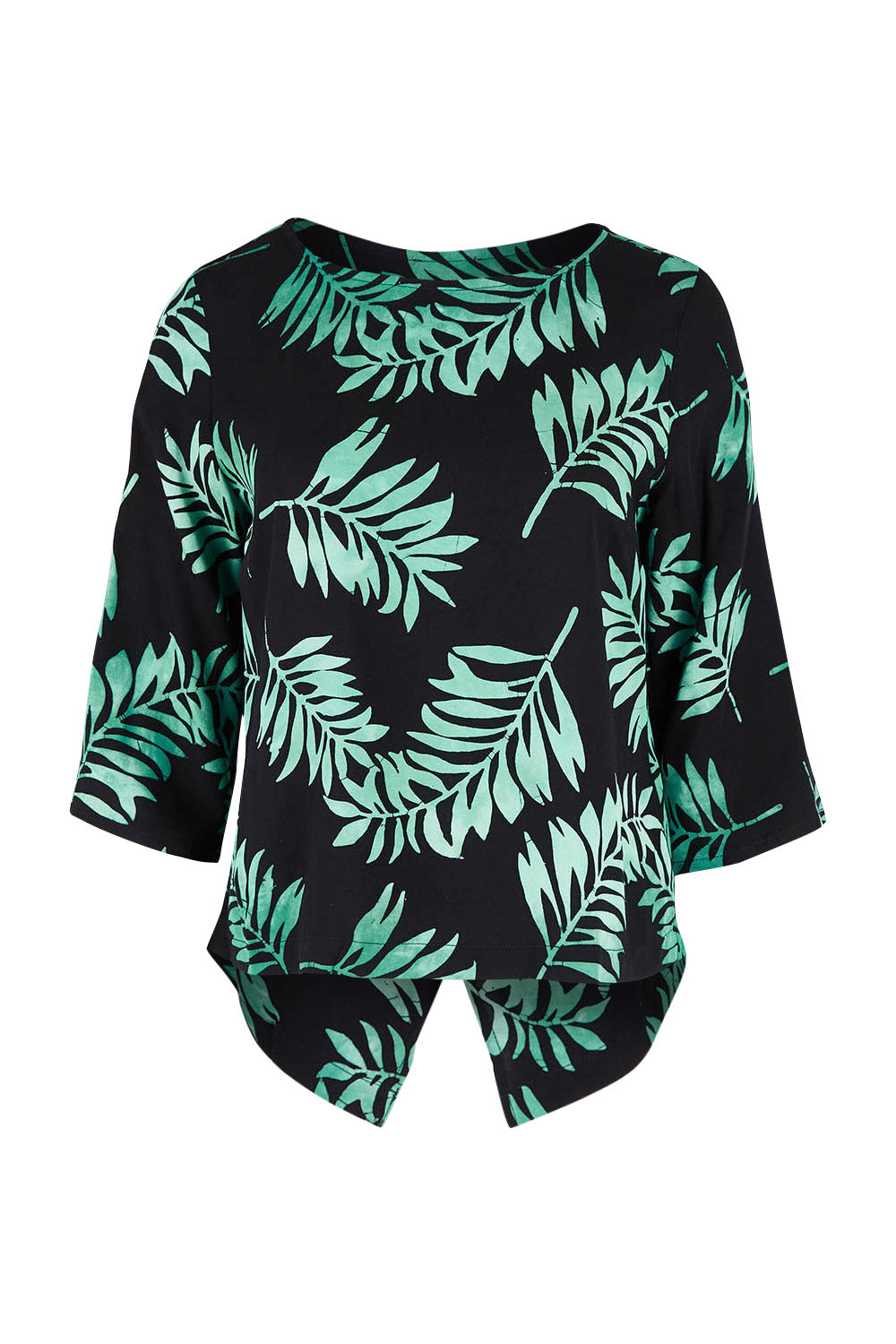 Product shot of the Casey Batik Top in colour Blkgreen (Black), from the front
