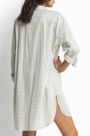 A model wearing the Summer Stripe Painters Shirt in colour Khaki (Green), from the back