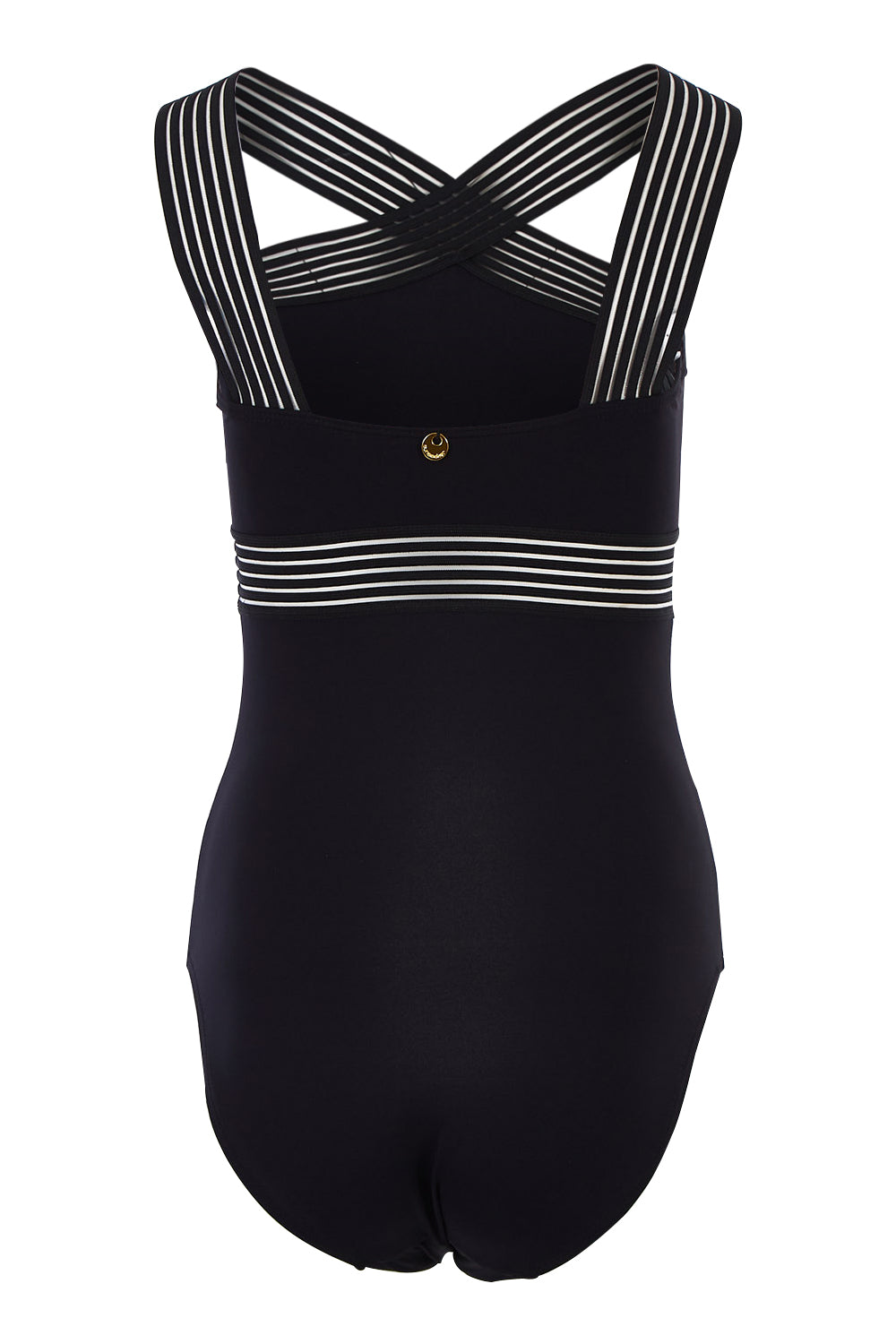 Product shot of the Aloha Solids Elastic Highneck Onepiece in colour Black (Black), from the back