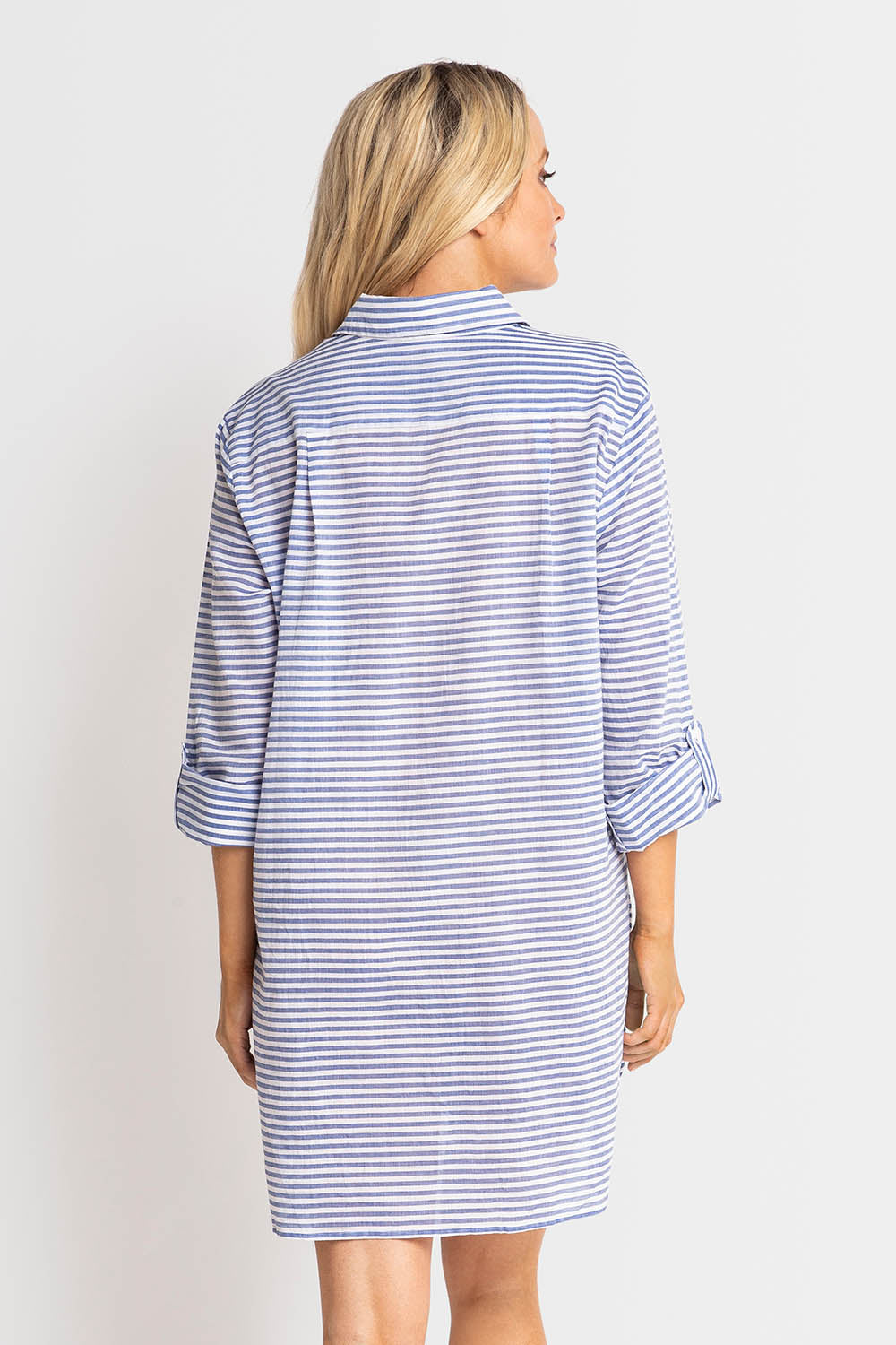 A model wearing the Summer Stripe Painters Shirt in colour Blue (Blue), from the back
