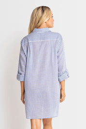 A model wearing the Summer Stripe Painters Shirt in colour Blue (Blue), from the back