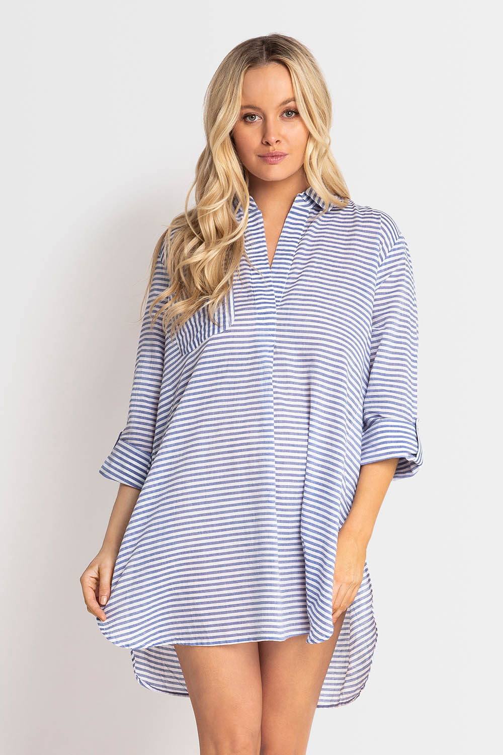 A model wearing the Summer Stripe Painters Shirt in colour Blue (Blue), from the front, cropped image