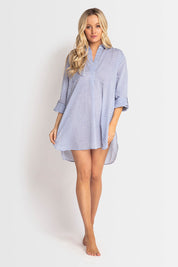 A model wearing the Summer Stripe Painters Shirt in colour Blue (Blue), from the front, showing the whole outfit