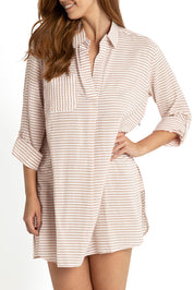 A model wearing the Summer Stripe Painters Shirt in colour Bone, from the front, cropped image