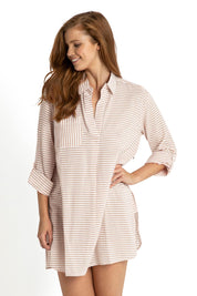 A model wearing the Summer Stripe Painters Shirt in colour Bone, from the front, cropped image
