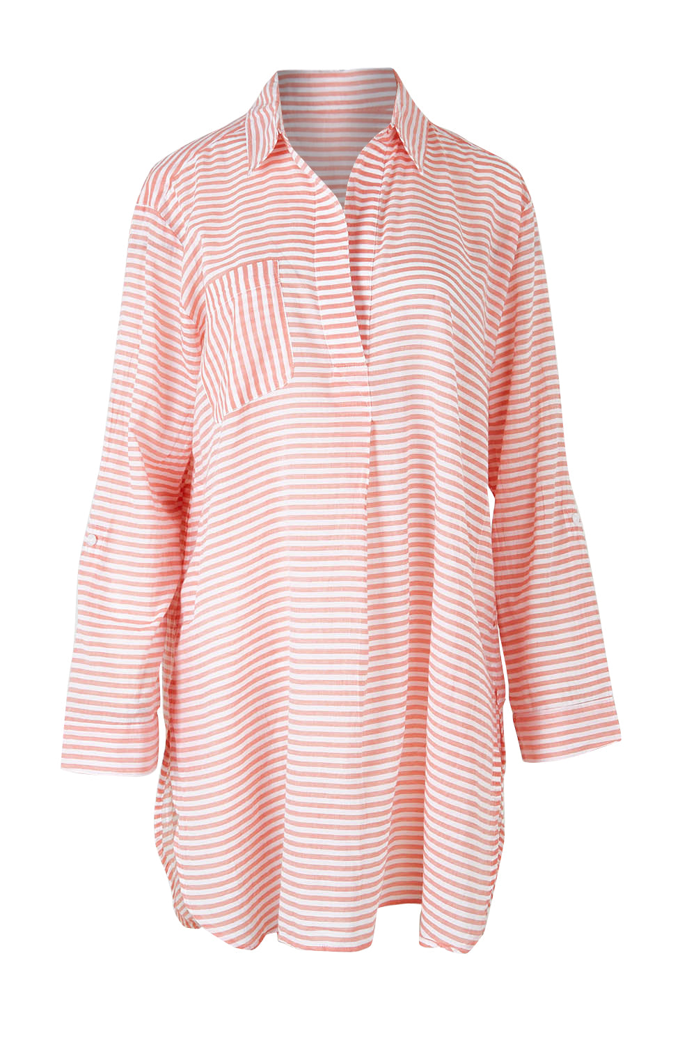Product shot of the Summer Stripe Painters Shirt in colour Peach (Red), from the front
