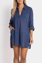 A model wearing the Resort Painters Shirt in colour Denim (Blue), from the front, cropped image