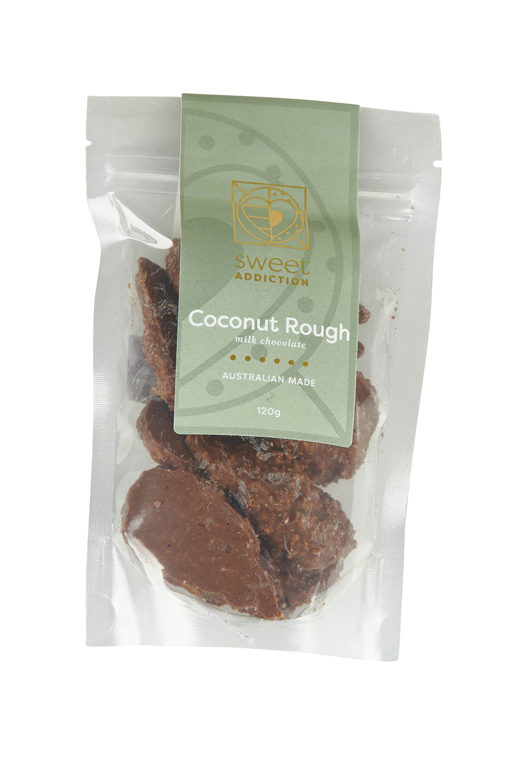 Product shot of the 120G Milk Chocolate Coconut Rough in colour Cocorough, from the front