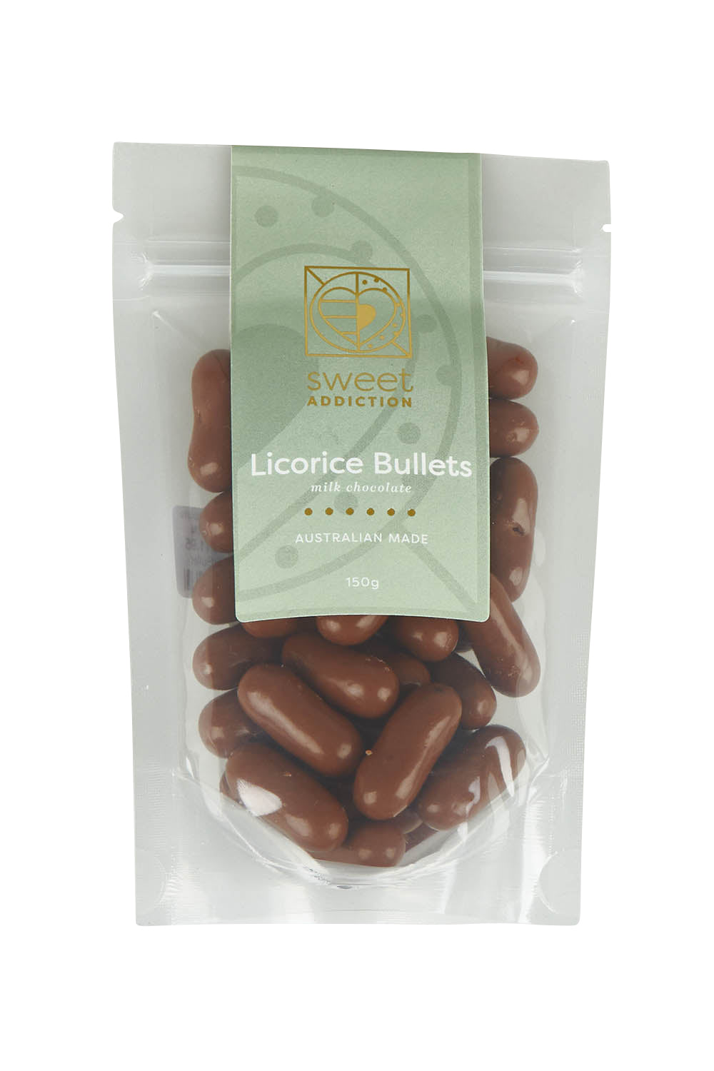 Product shot of the 150G Milk Chocolate Licorice Bullets in colour Milkbullet, detail