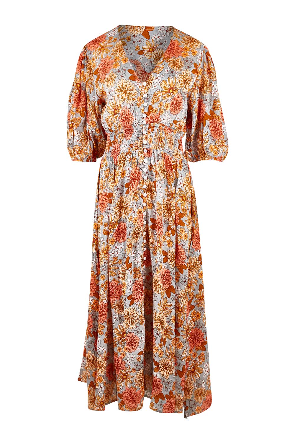 Product shot of the Halo 3/4 Sleeve Dress in colour Secrgard (Blue), from the front