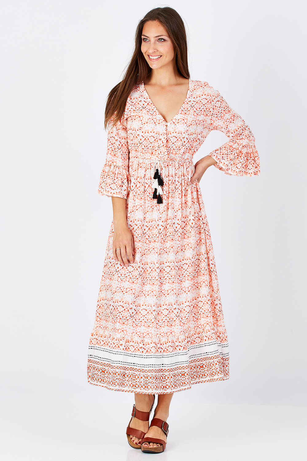 Model Anna wearing size S of the Aurora Dress in colour Wanderer, from the front, showing the whole outfit