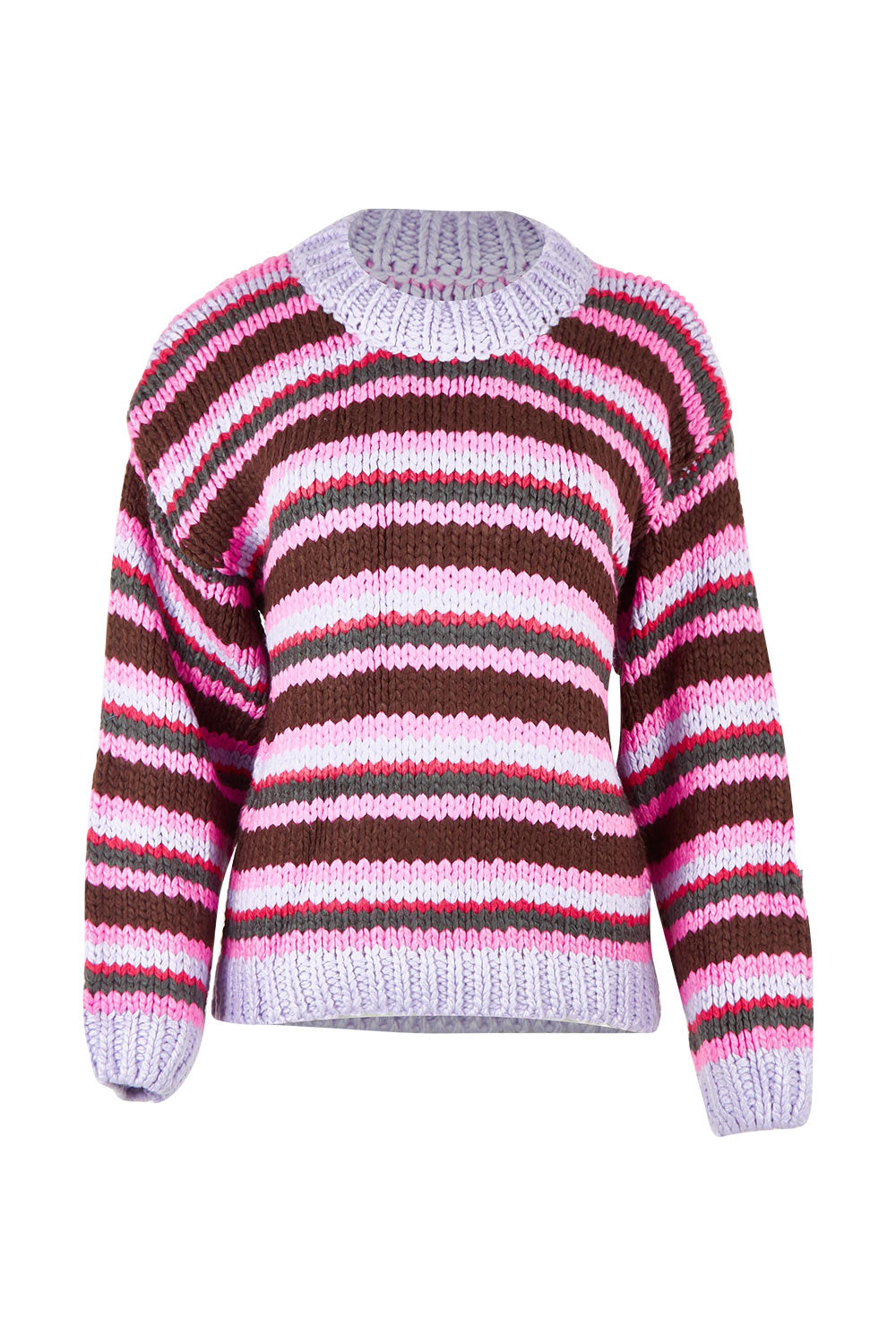 Product shot of the All Sorts Knit in colour Lilacstrip, from the front