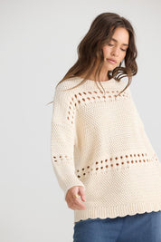 A model wearing the Tanner Cotton Blend Knit in colour Vanilla, from the front, cropped image