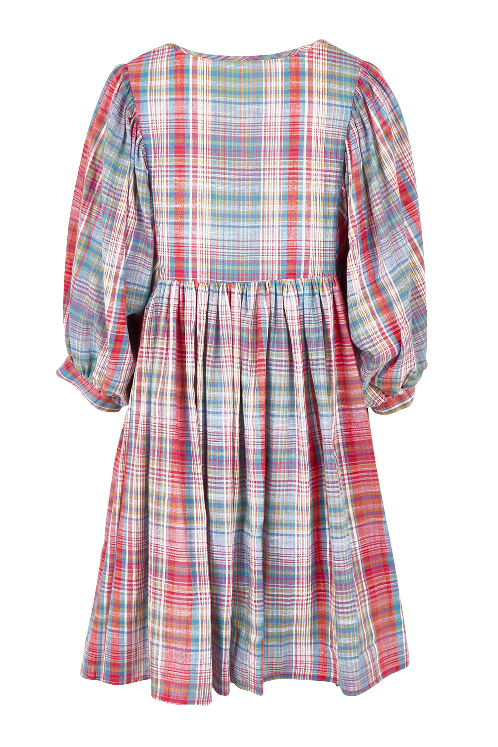 Product shot of the Winnie Cotton Mini Dress in colour Picnicchec (Pink), from the back