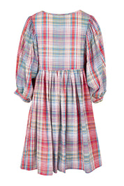 Product shot of the Winnie Cotton Mini Dress in colour Picnicchec (Pink), from the back