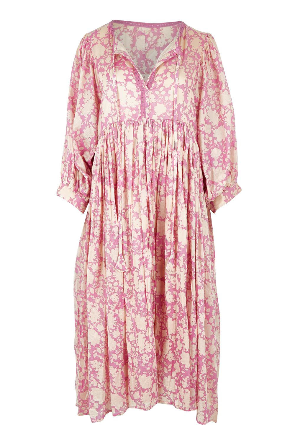 Product shot of the Wisteria Cotton Dress in colour Meadow (Pink), from the front