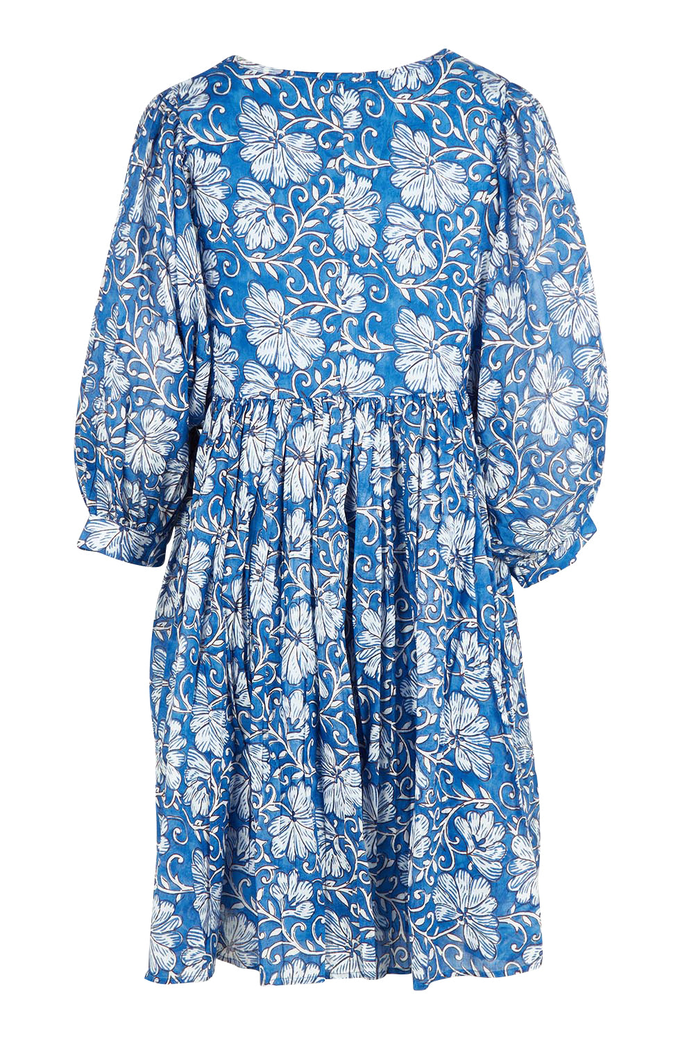 Product shot of the Wisteria Cotton Mini Dress in colour Blueblosso (Blue), from the back