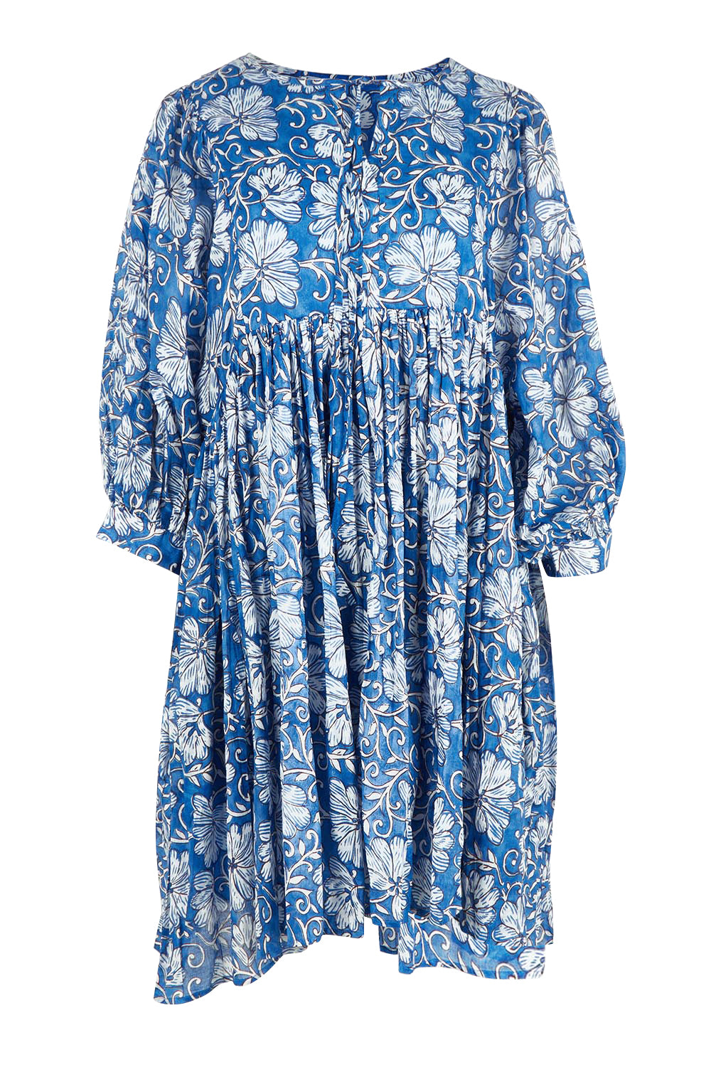 Product shot of the Wisteria Cotton Mini Dress in colour Blueblosso (Blue), from the front