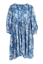 Product shot of the Wisteria Cotton Mini Dress in colour Blueblosso (Blue), from the front