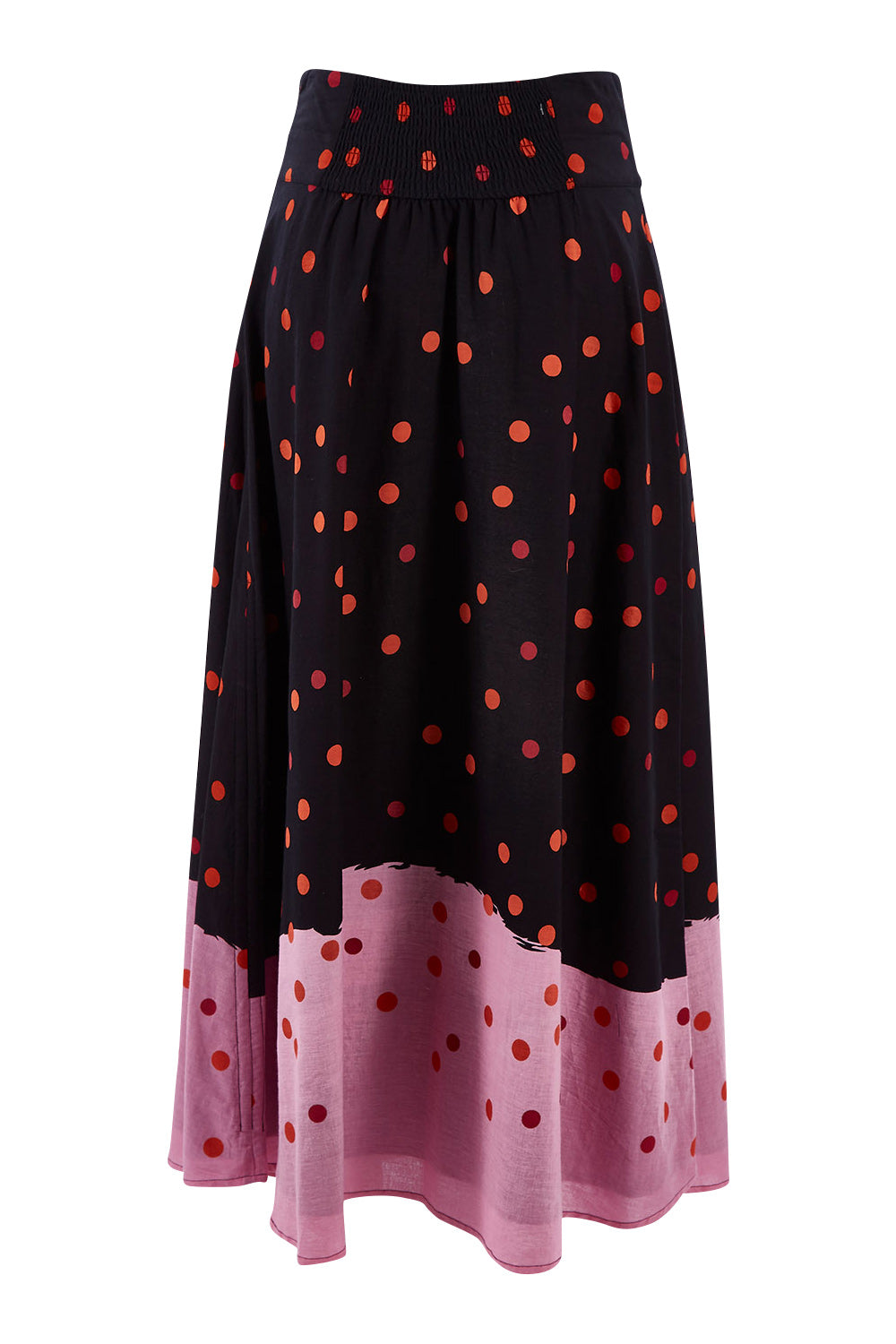 Product shot of the Rosie Maxi Skirt in colour Dots (Black), from the back