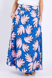 Model Laura wearing size 14 of the Rose Maxi Skirt in colour Fallenfern (Blue), from the front, cropped image