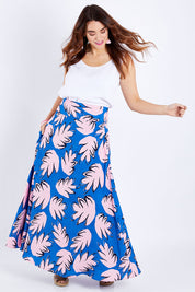 Model Laura wearing size 14 of the Rose Maxi Skirt in colour Fallenfern (Blue), from the front, showing the whole outfit