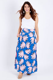 Model Laura wearing size 14 of the Rose Maxi Skirt in colour Fallenfern (Blue), from the front, showing the whole outfit