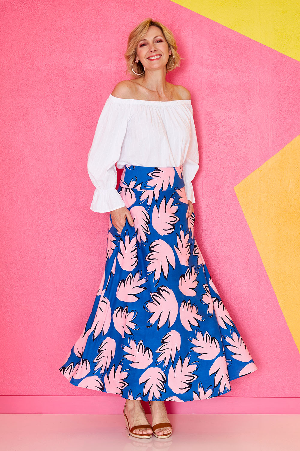 Model Veronica wearing size 10 of the Rose Maxi Skirt in colour Fallenfern (Blue), from the front, showing the whole outfit