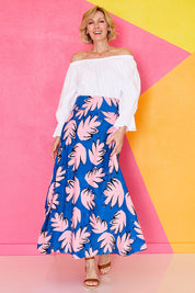 Model Veronica wearing size 10 of the Rose Maxi Skirt in colour Fallenfern (Blue), from the front, showing the whole outfit