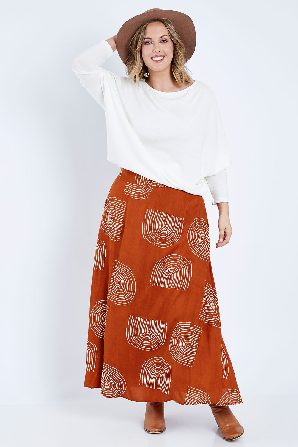 Model Jess wearing size 14 of the Rose Maxi Skirt in colour Rainbow, from the front, showing the whole outfit