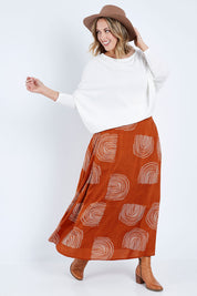 Model Jess wearing size 14 of the Rose Maxi Skirt in colour Rainbow, from the front, showing the whole outfit