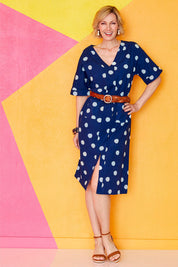Model Veronica wearing size 10 of the Madeline Kimono Dress in colour Spotme (Blue), from the front, showing the whole outfit