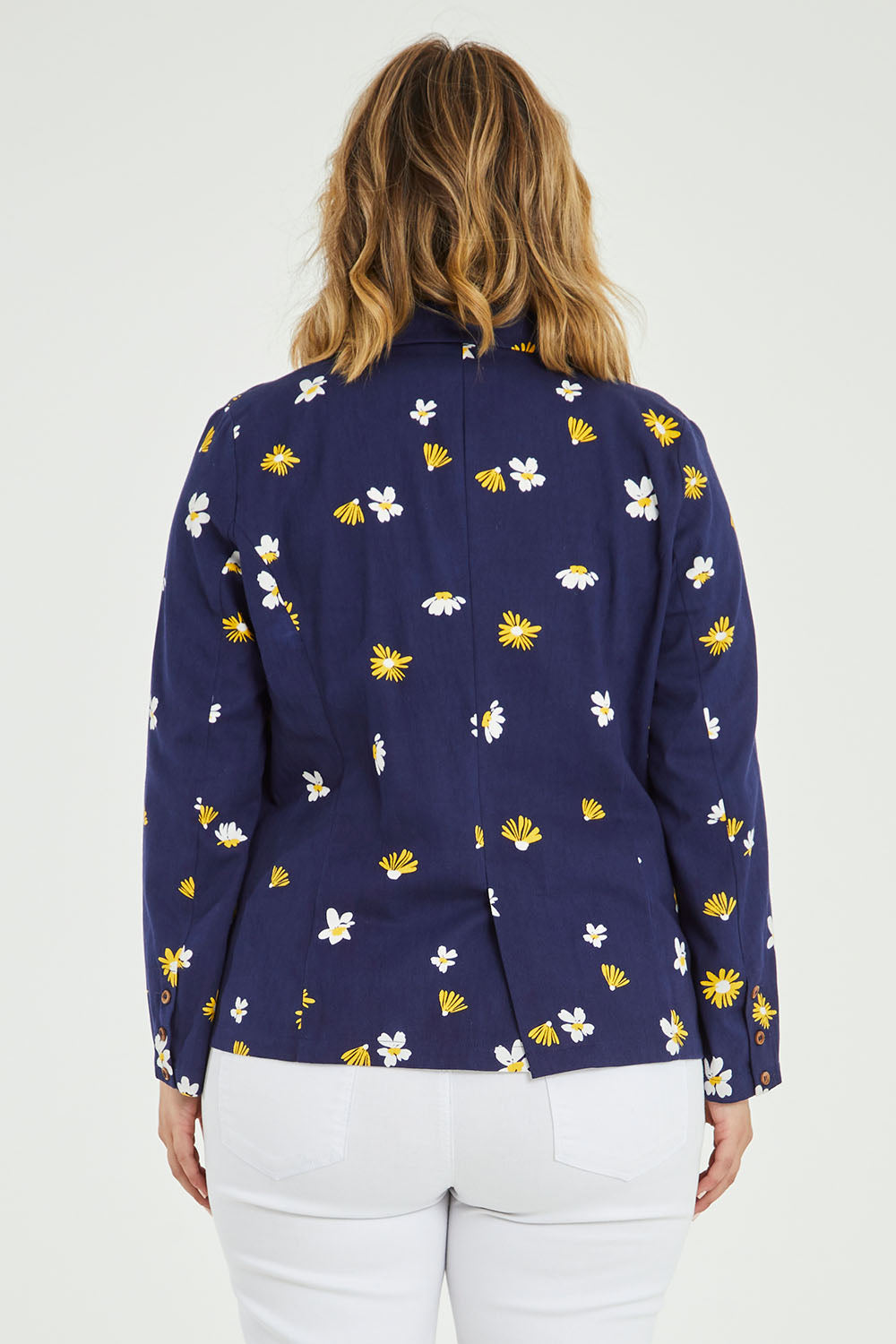 Model Jess wearing size 14 of the Sally Cotton Blazer in colour Daisy (Blue), from the back
