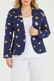 Model Jess wearing size 14 of the Sally Cotton Blazer in colour Daisy (Blue), from the front, cropped image
