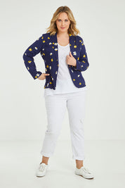Model Jess wearing size 14 of the Sally Cotton Blazer in colour Daisy (Blue), from the front, showing the whole outfit