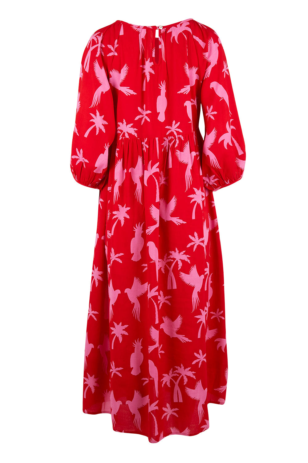 Product shot of the Alice Gathered Dress in colour Bird (Red), from the back