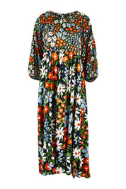 Product shot of the Alice Gathered Dress in colour Wildfield (Red), from the front