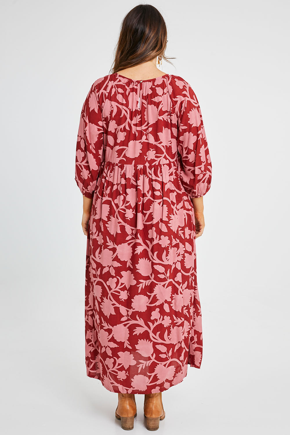 Model Laura wearing size 14 of the Alice Gathered Dress in colour Silhouette, from the back