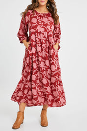 Model Laura wearing size 14 of the Alice Gathered Dress in colour Silhouette, from the front, cropped image