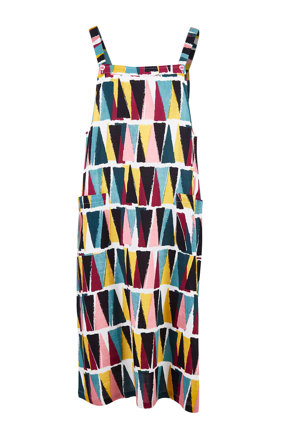 Product shot of the Charlotte A Line Pinafore Dress in colour Mountains (Blue), from the front