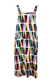 Product shot of the Charlotte A Line Pinafore Dress in colour Mountains (Blue), from the front