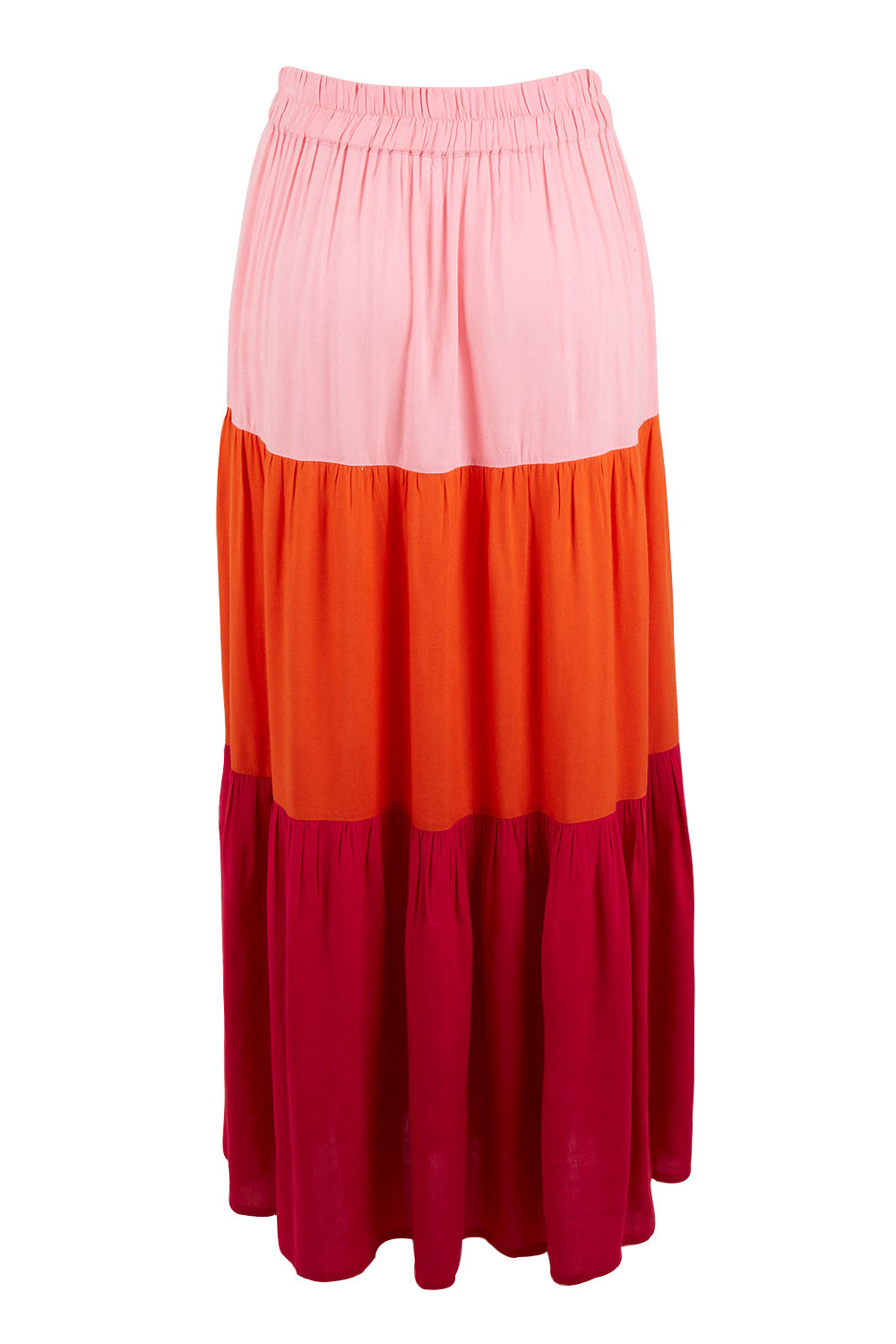 Product shot of the Poppy Tier Skirt in colour Sunset (Pink), from the back