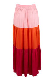 Product shot of the Poppy Tier Skirt in colour Sunset (Pink), from the back