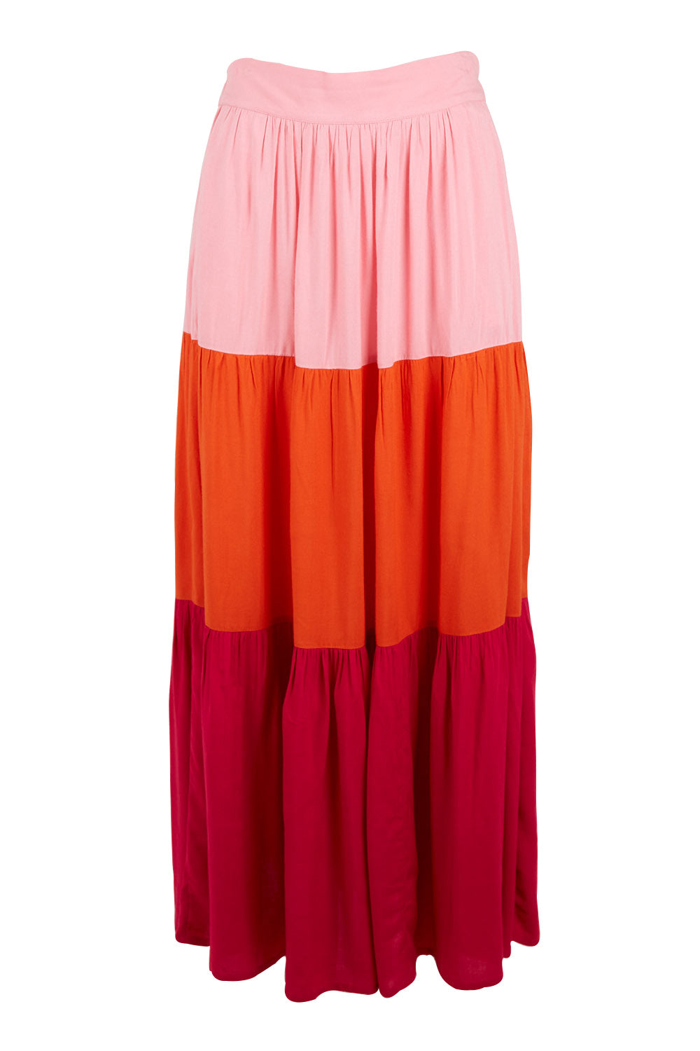 Product shot of the Poppy Tier Skirt in colour Sunset (Pink), from the front