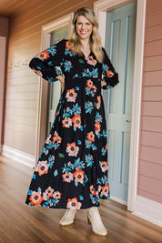 Model Kelly wearing size 10 of the Jennifer Maxi Dress in colour Poppy (Red), from the front, showing the whole outfit