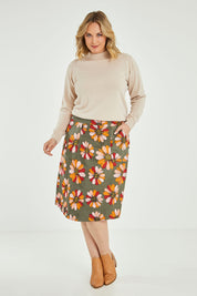 Model Jess wearing size 14 of the Elisabeth Ain colourLine Cotton Skirt - Gerbera (Red), from the front, showing the whole outfit