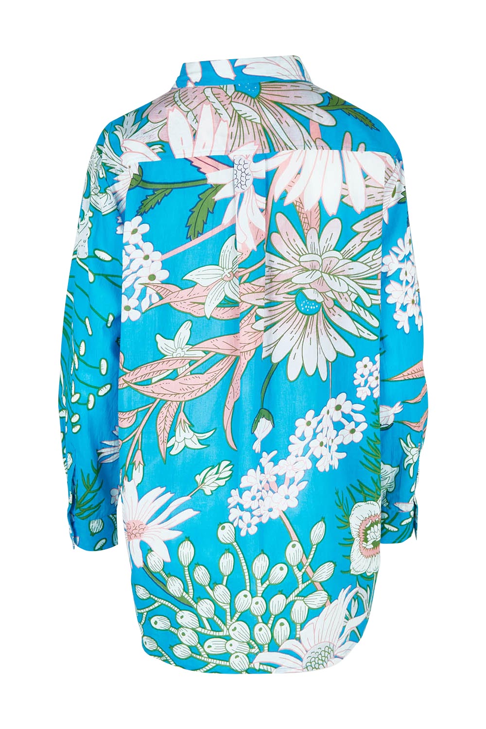 Product shot of the Selena Shirt in colour Garden (Blue), from the back